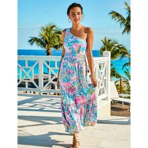 Lilly Pulitzer Mooney Midi Dress Carnivale Coral Pink Blue Beach Flowy Maxi S